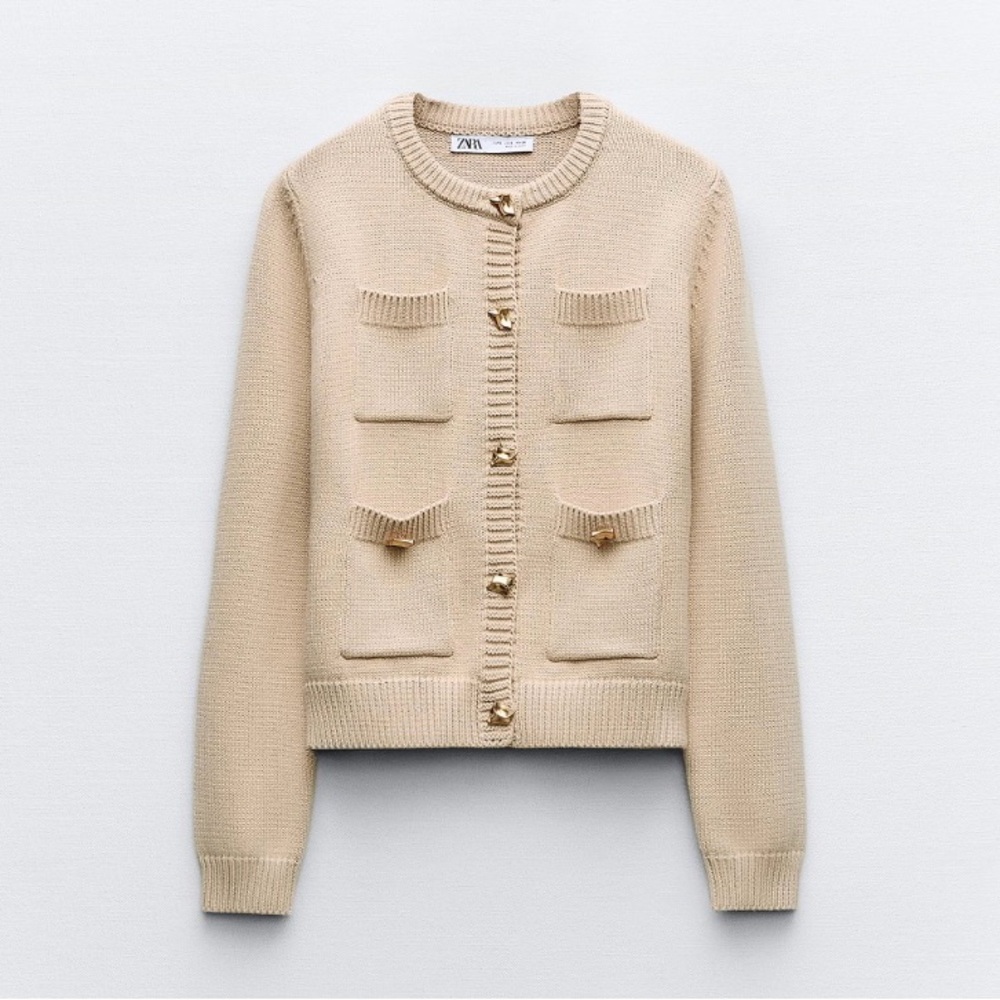 Zara | Ecru Golden Button Knit Cardigan Jacket Pockets Preppy | Sz Small